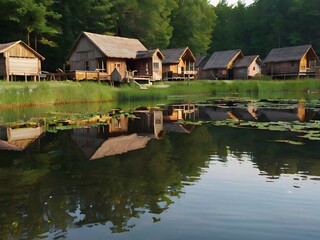 Obraz premium A camera captures a serene scene of a primitive village by a river, with simple huts made of wood and straw, and villagers engaging in daily activities under the bright afternoon sun