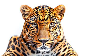Obraz premium Close-up of a leopard's face on a white background.