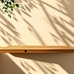 Empty wood table top on beige wall texture with tree leaves shadow background