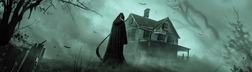 Naklejka premium Spooky scene with hooded figure in front of an abandoned, eerie house surrounded by fog and twisted trees, capturing haunting atmosphere.