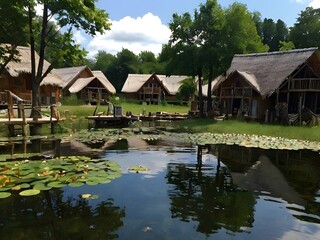 Fototapeta premium A camera captures a serene scene of a primitive village by a river, with simple huts made of wood and straw, and villagers engaging in daily activities under the bright afternoon sun 