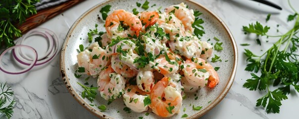 Delicious shrimp and crab salad garnished with fresh parsley on a rustic plate. Perfect for a healthy and tasty meal option.