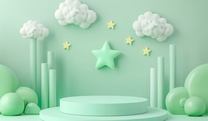 A green room with a star and clouds on the wall