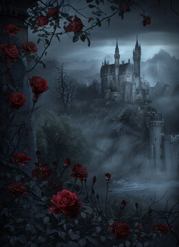 Altert&uuml;mliche Burg im Nebel mit einem romantischen Rosenstrauch im Vordergrund, Goth Romantik Hintergrund