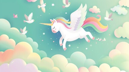 Create a vibrant vector illustration of a unicorn soaring through the sky, with its wings spread wide, flying among fluffy clouds and accompanied by birds 