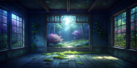 Empty room with large windows. There is a blooming garden outside the windows.