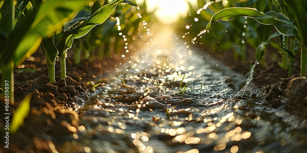 Poster automated irrigation system watering lush wheat rye and corn seedlings in vast field. concept smart 