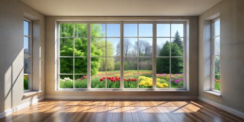 Fototapeta premium Empty room with large windows. There is a blooming garden outside the windows.