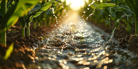 Automated irrigation system watering lush wheat rye and corn seedlings in vast field. Concept Smart Farming, Crop Irrigation, Agriculture Technology, Lush Wheat Rye, Corn Seedlings