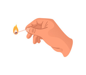 Burning match in hand. Combustion conceptual symbol. Hand drawn vector illustration in flat style. For sticker, poster, card, design element