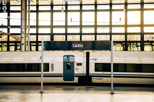A train belonging to spanish railways RENFE stands in C&aacute;diz train station