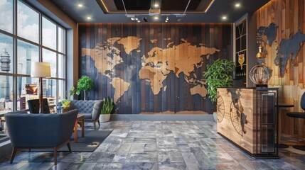 boutique travel agency office with world map wooden inlays and a stylish decor