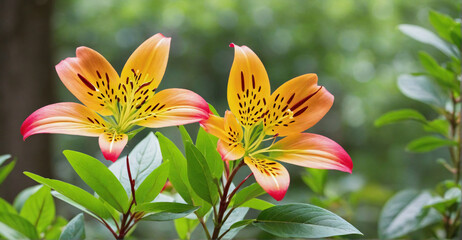 Quiet Elegance of Alstroemeria Flowers Amidst Foliage Blur
