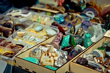Rock shop. Variety of rock, mineral and crystals. Gemstone mix.