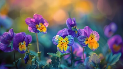 Close-up of purple-yellow viola flowers in the spring garden. Photography of lively Nature.