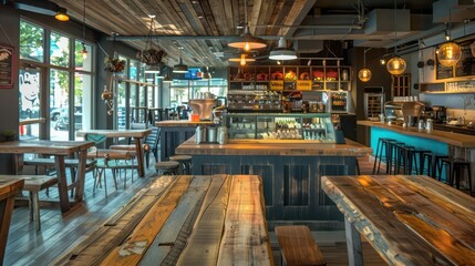 chic urban caf?(C) with reclaimed wood tables and a vibrant, trendy atmosphere