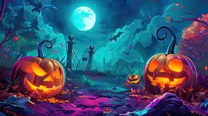 Spooky Halloween night scene with glowing carved pumpkins under a full moon, surrounded by eerie trees and vibrant autumn colors.
