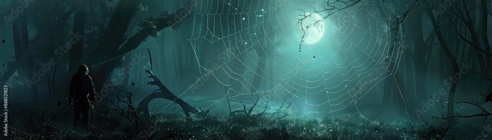 Poster a mysterious forest illuminated by moonlight, featuring a large spider web and a lone figure enhanci