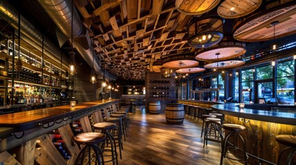 chic wine bar with a ceiling of wine barrel wood cladding, repurposed to add character and a story to the modern venue