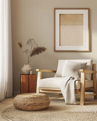Beige Living Room Interior with Wooden Armchair and Sofa