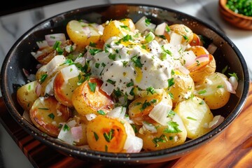 Delicious roasted baby potatoes topped with a creamy sauce, fresh herbs, and chopped onions, served in a rustic black bowl.