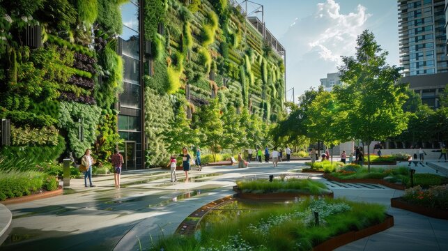 An urban plaza featuring green walls, rain gardens, and public spaces for community gatherings and events.