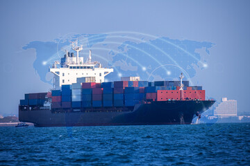 Cargo ship loaded with numerous shipping containers. The background features a digital infographic...