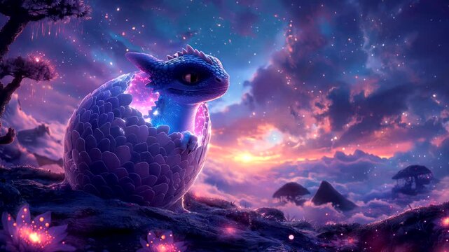 Baby dragon emerging from egg under magical sky, surrounded by glowing plants. Fantasy and wonder concept