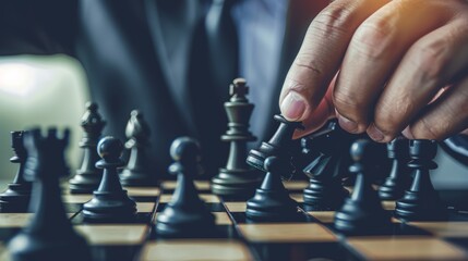 chess battle, victory, success, leader, teamwork, business strategy . business man wear business suit move prepare move king chess pieces, plan strategy lead successful business competition leader.