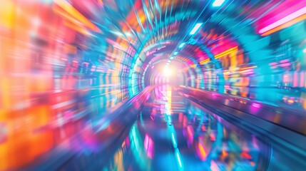 Futuristic tunnel with colorful lights reflecting on shiny surfaces. Concept of modern architecture and technology.