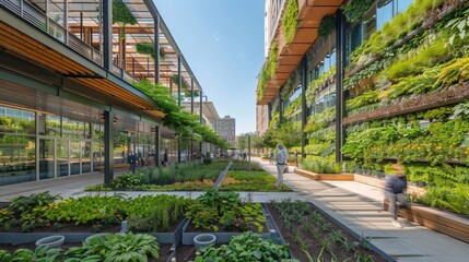An urban plaza featuring green walls, rain gardens, and public spaces for community gatherings.