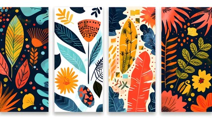 A set of 4 vector backgrounds featuring abstract, geometric doodles of botanical elements in a bold, contrasting color palette The backgrounds are designed in a flat, abstract feel
