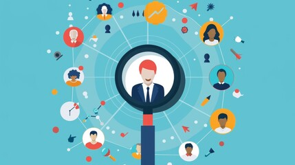 Obraz premium HRM or Human Resource Management, Magnifier glass focus to manager icon which is among staff icons for human development recruitment leadership and customer target. resume, interview. generate by AI