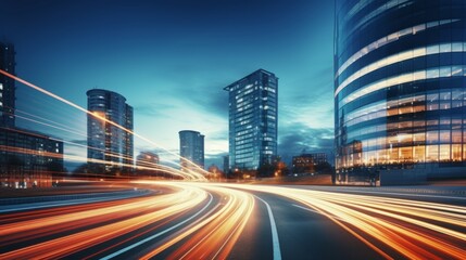 Fototapeta premium Light trails on the modern building background. Light trails at night in urban environment, Abstract Motion Blur City, traffic, transportation, street, road, speed