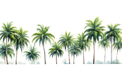 Obraz premium A digital watercolor illustration of a row of tall, lush palm trees against a white background