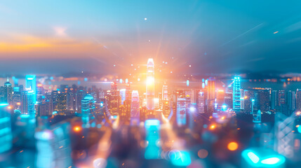 Obraz premium Futuristic cityscape with glowing skyscrapers at sunset, showcasing advanced urban architecture and vibrant city lights.