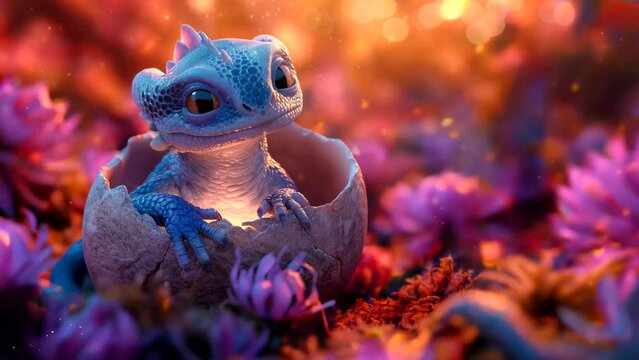 Cute baby dragon in eggshell surrounded by glowing flowers in an enchanted forest. Fantasy and charm concept