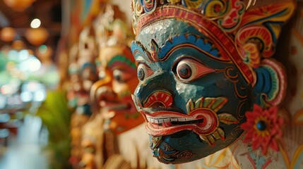 Obraz premium Cultural mask hanging on a decorated wall, vibrant colors and intricate designs highlighted