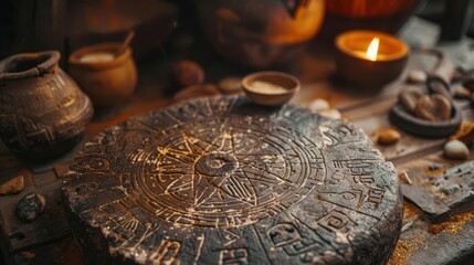 Ritualistic tool placed on an ancient altar detailed engravings and ceremonial significance in focus