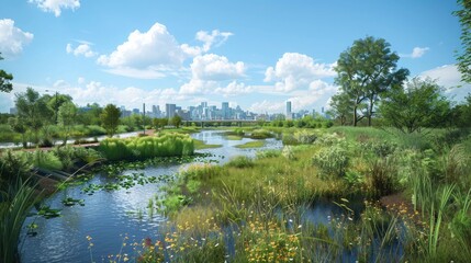 Obraz premium An urban riverfront revitalized with natural vegetation and floodplain restoration.