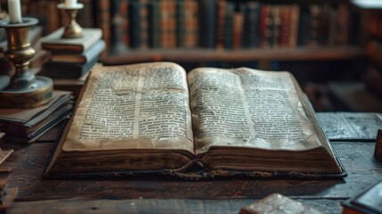 Obraz premium Ancient religious text open on a rustic desk