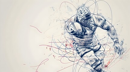 Rugby Player Passing Ball in Minimalist Line Art Drawing