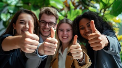 Fototapeta premium happy group of young diverse people giving thumbs up.