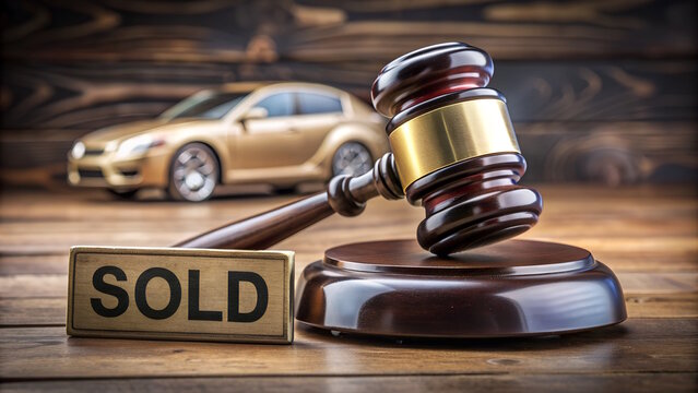 Car auction concept, Gavel and sign "sold"on the table, Car  blurred background.