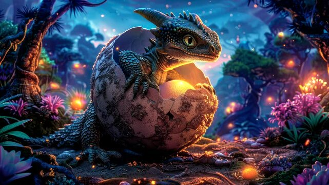 Baby dragon hatching in a magical forest, surrounded by glowing light and mystical plants. Fantasy and wonder concept