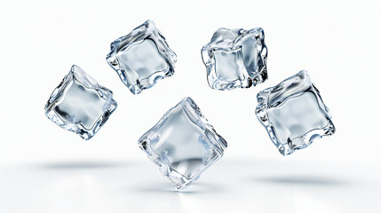 Crystal clear ice cubes floating against a white backdrop isolated