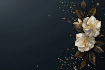 Gardenia branchess on elegant dark background. Wedding invitations, greeting cards, wallpaper, background, printing, poster, social ads, banner