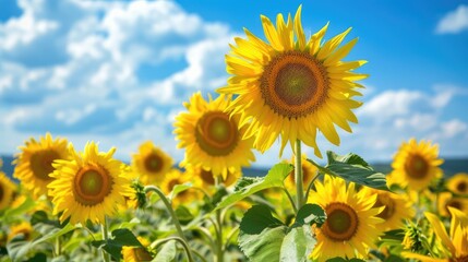 Fototapeta premium A captivating view of a field of sunflowers in full bloom under a bright blue sky
