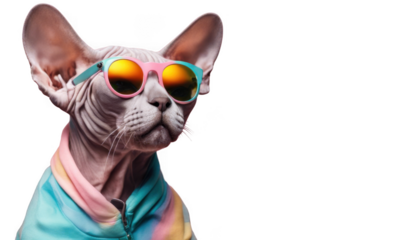 Cool sphynx cat wearing colorful sunglasses isolate on transparent background, cutout, png