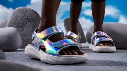 Shiny, trendy summer shoes from the front view of stylish holographic sandals for youngsters set against a blue and grey stone background.